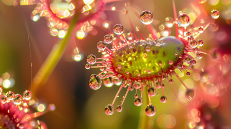 Dew drops on a sundew flower, close-up.の素材