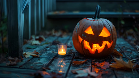 Halloween pumpkin head jack lantern with burning candle on wooden table outdoorsの素材