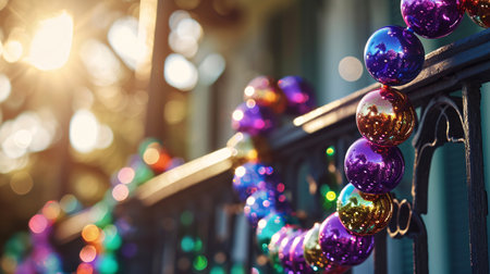 Colorful Christmas ornaments on a wrought iron fence in the cityの素材