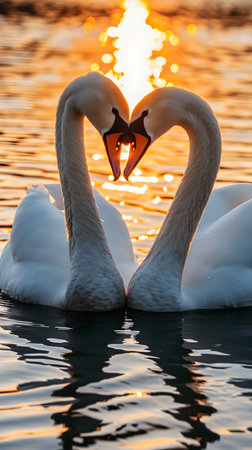 Two swans in love on the lake at sunset. The mute swan, Cygnus olorの素材