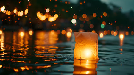Candle floating on the water with blurred bokeh background.の素材