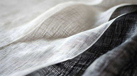 Close up of a white fabric with black and white stripes. Textile backgroundの素材