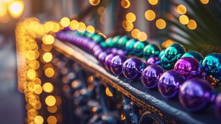 Colorful Christmas balls on the fence. Christmas and New Year backgroundの素材
