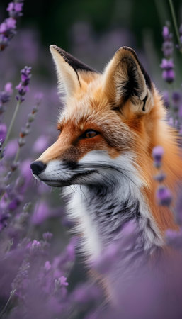 Red fox in the lavender field. Close-up portrait.の素材