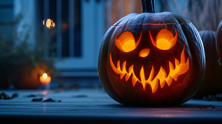 Halloween pumpkin head jack o lantern on wooden table in front of windowの素材