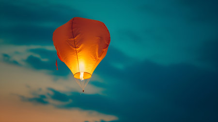 Hot air balloon flying in the sky at sunset - vintage filter effectの素材