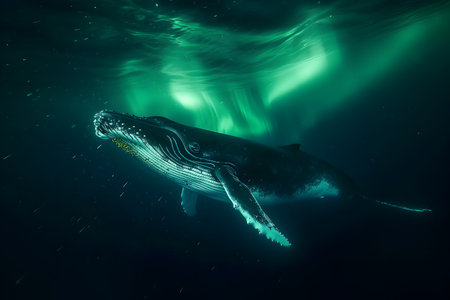 Humpback whale swimming in the deep blue ocean. Iceland.の素材