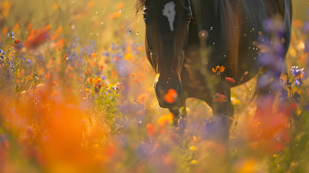 Beautiful horse grazing in a meadow full of wildflowersの素材