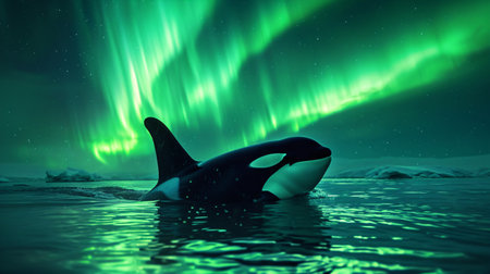 Aurora borealis and a killer whale in the sea.の素材