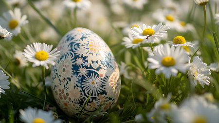Easter egg in the grass with daisies. Spring background.の素材
