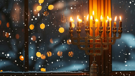 Image of jewish holiday Hanukkah background with menorah (traditional candelabra) and burning candlesの素材