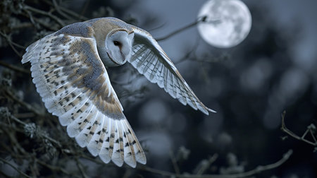 Barn Owl (Tyto alba) in flight with full moonの素材