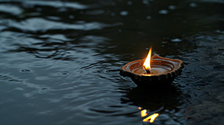 Burning diya on dark water with copy space for text.の素材