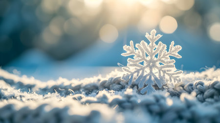 Christmas snowflake on a knitted scarf in the snow. Christmas backgroundの素材