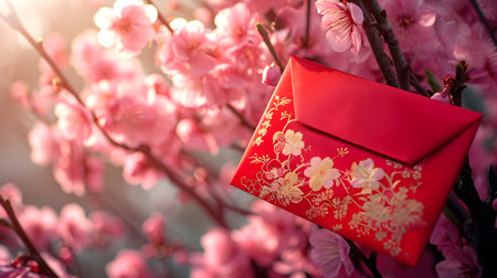 Chinese New Year concept - Red envelope with red envelopes on blooming sakura treeの素材