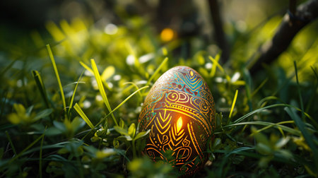 Colorful easter egg on green grass. Happy Easter concept.の素材