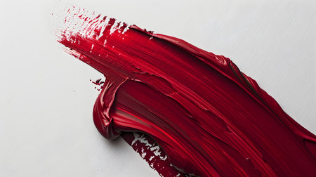Red paint brush stroke on a white background, close-up.の素材