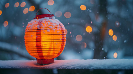 Red lantern in the snow with bokeh lights on background.の素材