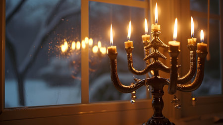 Burning candles in candelabrum on background of winter landscapeの素材