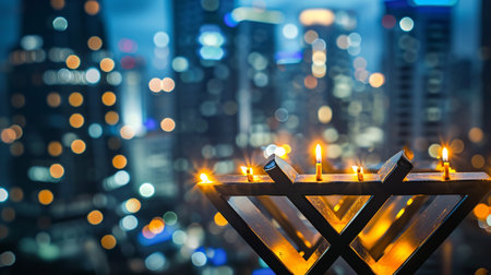 Candle light in the shape of menorah with cityscape backgroundの素材