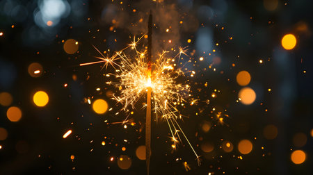 Burning sparkler on bokeh background. New Year's Eveの素材