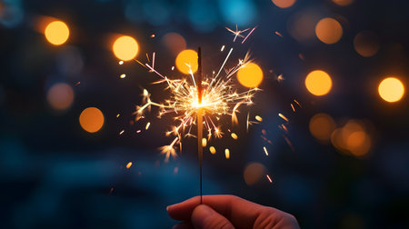 Burning sparkler in hand on bokeh background. New year celebrationの素材