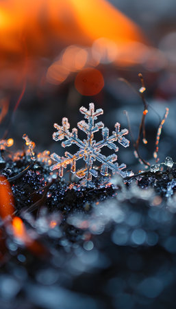 Snowflake on the background of a burning fire. Shallow depth of fieldの素材