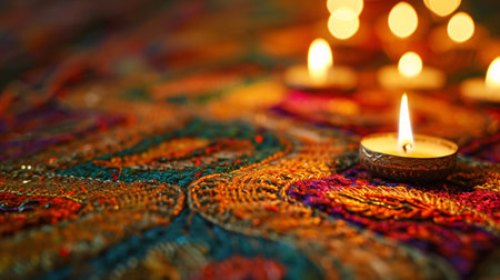Indian festival Diwali, Diwali oil lamps lit on colorful rangoli. Hindu traditional.の素材