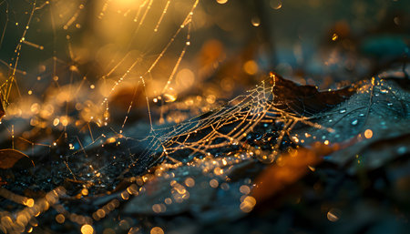 spider web with dew drops in autumn forest, shallow depth of fieldの素材