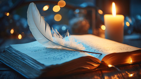 A book with a feather and a burning candle on a wooden table.の素材