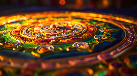 Close-up of a colorful circular pattern on the face of a mandalaの素材