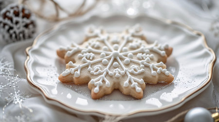 Christmas cookies in the shape of snowflakes on a plate.の素材