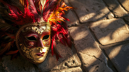 Venetian mask with red feathers on the street in Venice, Italyの素材