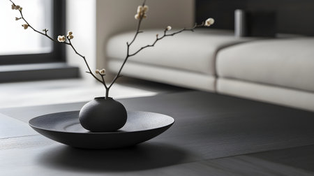 Black vase with flower on table in living room, closeupの素材
