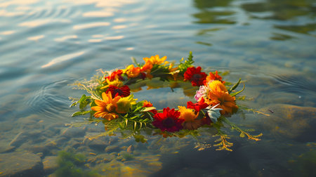 wreath of flowers on the surface of the water in the lakeの素材