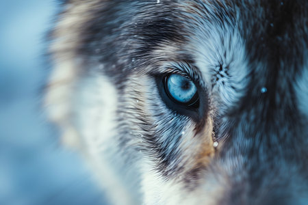 Close-up portrait of a beautiful Siberian husky with blue eyesの素材