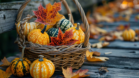 Autumn composition with pumpkins and leaves in a basket on a wooden backgroundの素材