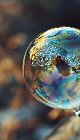 Beautiful soap bubbles on a dark background. Shallow depth of field.の素材