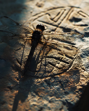 Dragonfly on the stone in the morning light. Selective focus.の素材