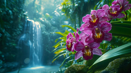 Beautiful orchids in the garden with waterfall in the backgroundの素材