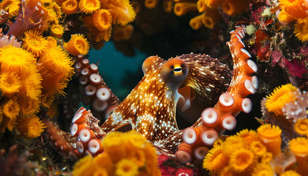 Octopus (Octopus vulgaris) on a coral reef.の素材