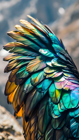 Close up of colorful rooster feathers, Thailand. (Selective focus)の素材