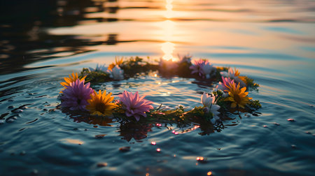 Beautiful lotus flower floating in the water with sunset background.の素材