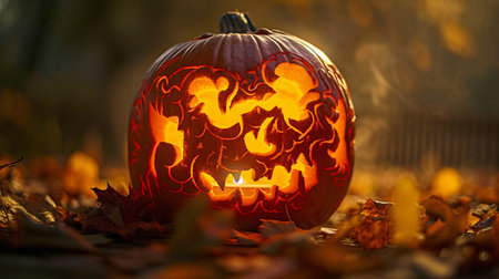 Halloween pumpkin with burning candle in autumn forest. Selective focusの素材