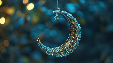 Golden crescent moon on blue bokeh background. Ramadan Kareem.の素材