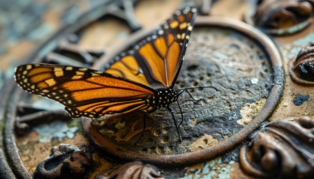 Monarch butterfly on rusty metal background. Close up of monarch butterfly.の素材
