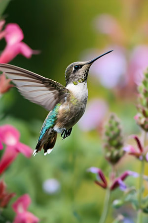 a hummingbird flying over a flower filled fieldの素材