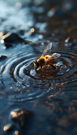 a bee sitting on top of a puddle of waterの素材