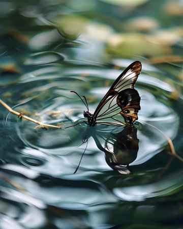 a butterfly sitting on top of a body of waterの素材