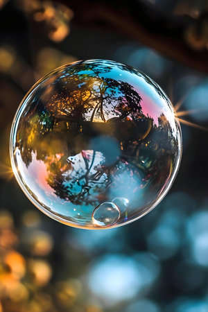 a tree reflected in a bubble on a tree branchの素材